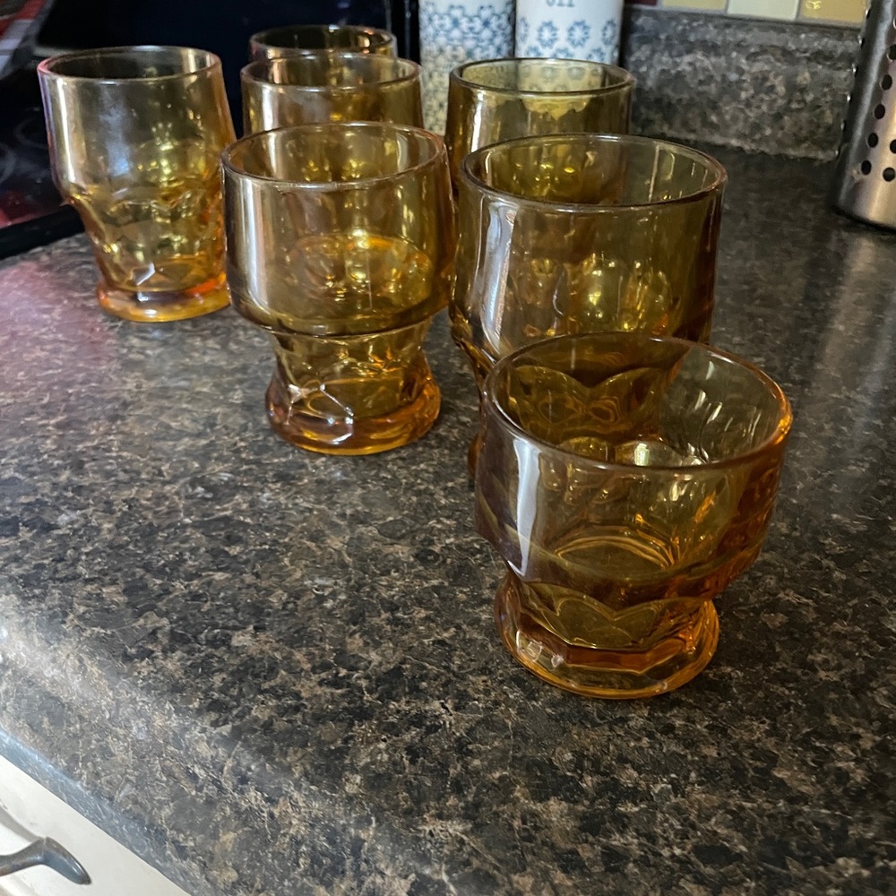 Vintage Georgian Honeycomb Yellow Amber Drinking Glasses Boho Libbey 70's